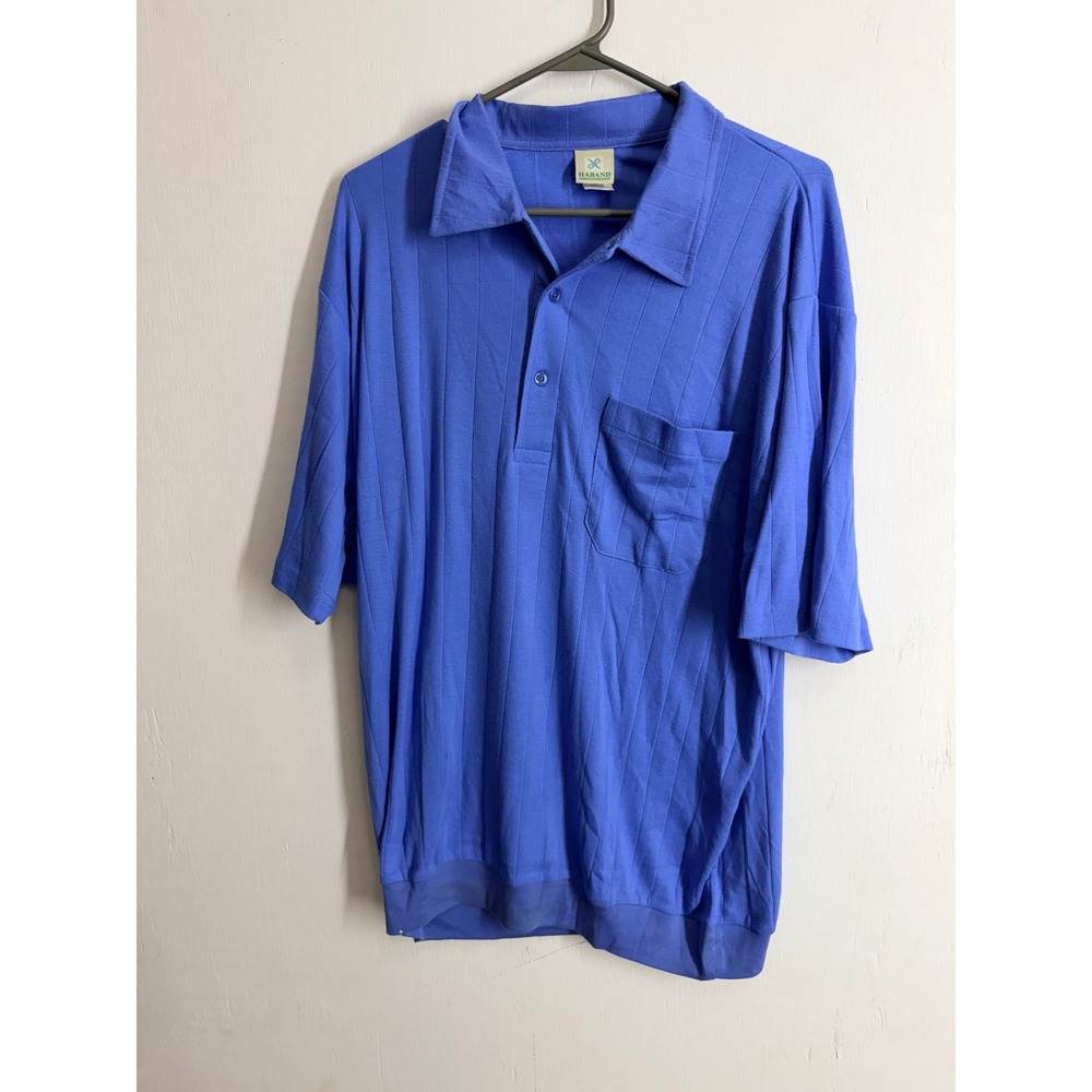 Haband Mens Blue Textured Stripe Short Sleeve Polo Shirt Chest Pocket Large